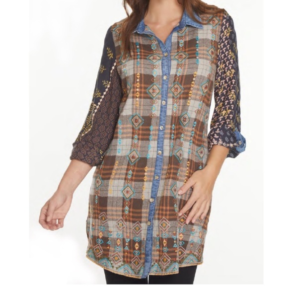 JOHN MARK Women’s Southwestern Style Embroidered Plaid Tunic NWT - Picture 1 of 8